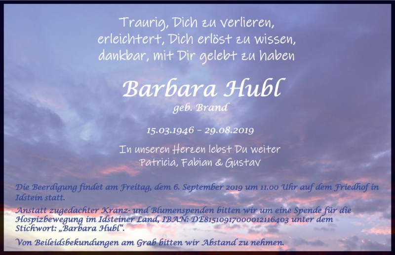  Traueranzeige für Barbara Hubl vom 03.09.2019 aus vrm-trauer
