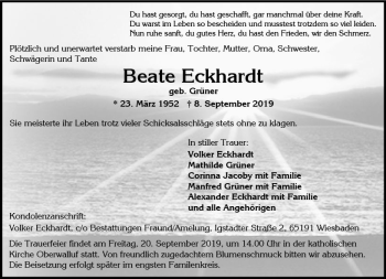 Traueranzeige von Beate Eckhardt von vrm-trauer