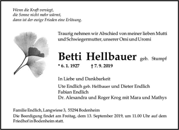 Traueranzeige von Betti Hellbauer von vrm-trauer