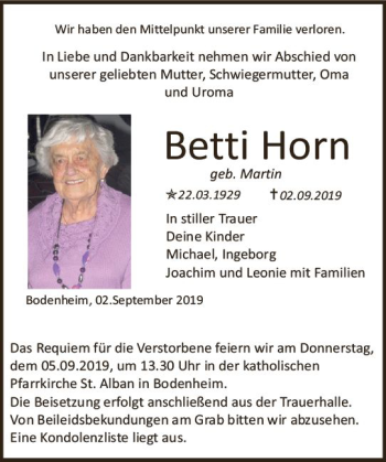 Traueranzeige von Betti Horn von vrm-trauer