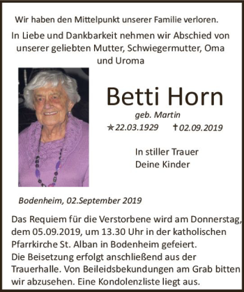 Traueranzeige von Betti Horn von vrm-trauer