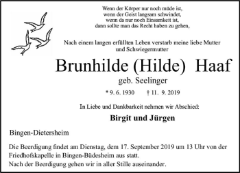 Traueranzeige von Brunhilde Haaf von vrm-trauer