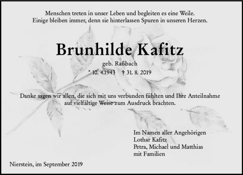 Traueranzeige für Brunhilde Kafitz vom 21.09.2019 aus vrm-trauer