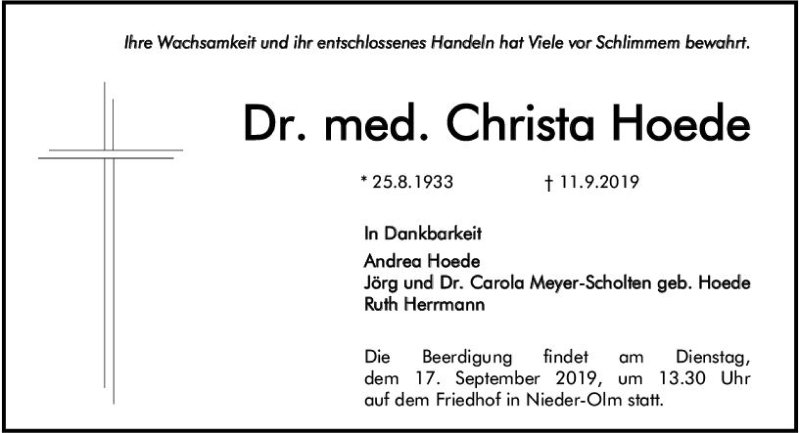  Traueranzeige für Christa Hoede vom 16.09.2019 aus vrm-trauer