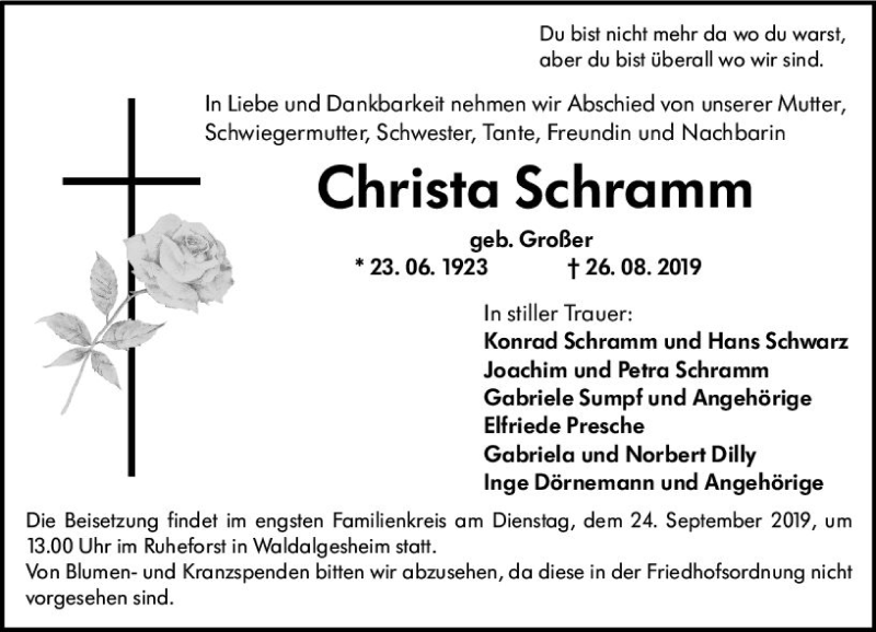  Traueranzeige für Christa Schramm vom 21.09.2019 aus vrm-trauer