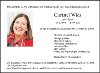 Traueranzeige von Christel Wies von vrm-trauer