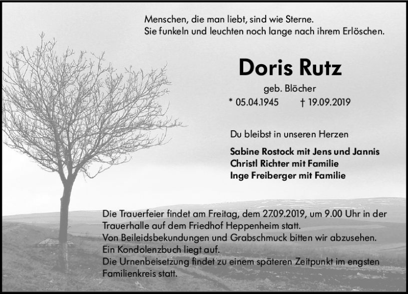  Traueranzeige für Doris Rutz vom 25.09.2019 aus vrm-trauer