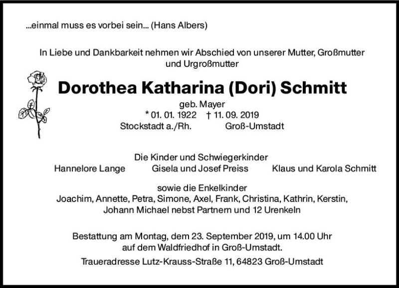  Traueranzeige für Dorothea Katharina Schmitt vom 17.09.2019 aus vrm-trauer