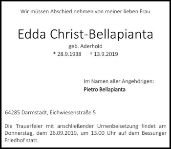 Traueranzeige von Edda Christ-Bellapianta von vrm-trauer