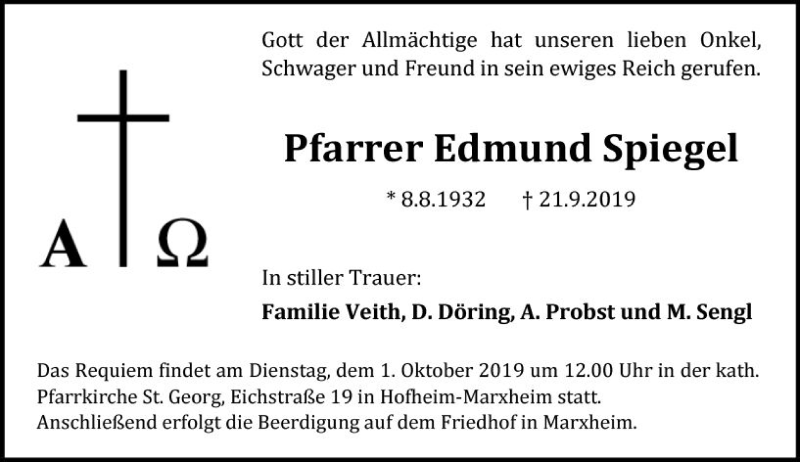  Traueranzeige für Edmund Spiegel vom 27.09.2019 aus vrm-trauer