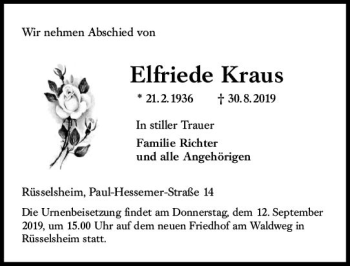 Traueranzeige von Elfriede Kraus von vrm-trauer
