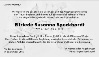 Traueranzeige von Elfriede Susanna Speckhardt von vrm-trauer