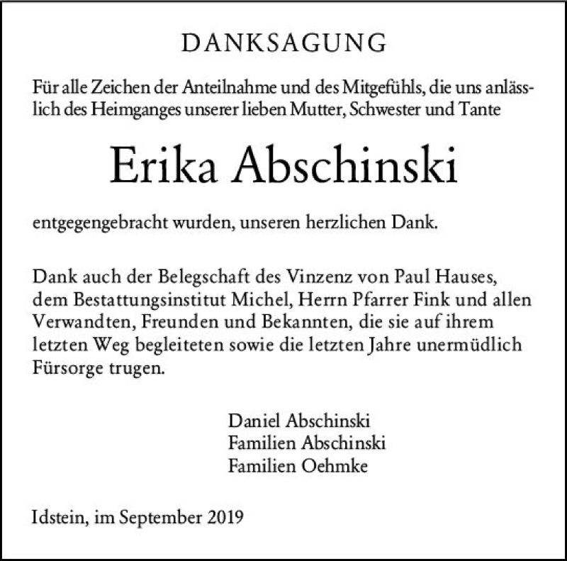  Traueranzeige für Erika Abschinski vom 21.09.2019 aus vrm-trauer