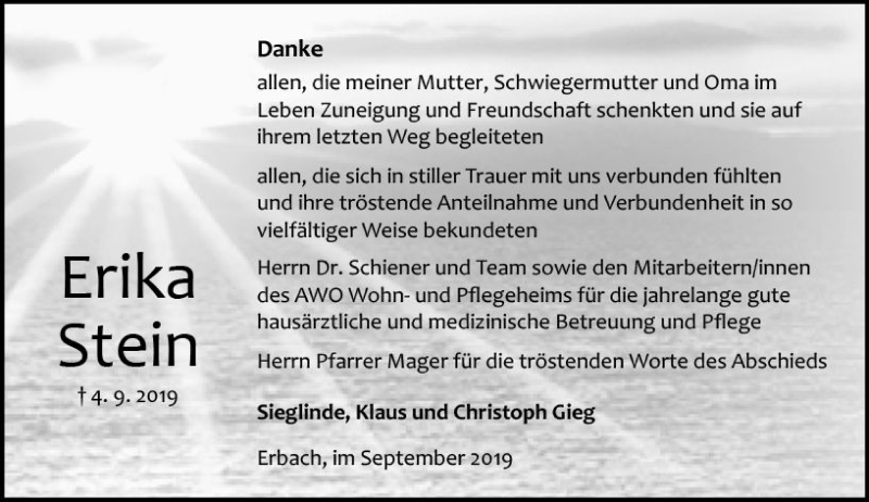 Traueranzeige für Erika Stein vom 28.09.2019 aus vrm-trauer
