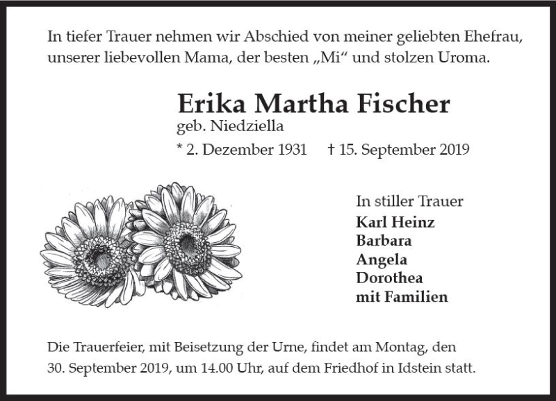  Traueranzeige für Erika Martha Fischer vom 21.09.2019 aus vrm-trauer