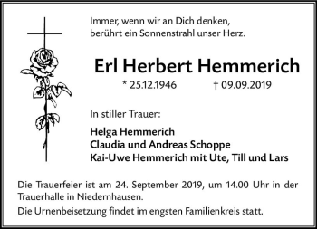 Traueranzeige von Erl Herbert Hemmerich von vrm-trauer