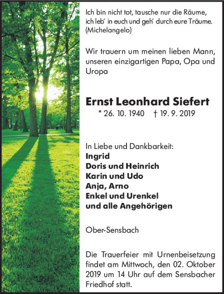  Traueranzeige für Ernst Leonhard Siefert vom 28.09.2019 aus vrm-trauer