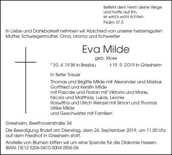 Traueranzeige von Eva Milde von vrm-trauer