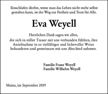 Traueranzeige von Eva Weyell von vrm-trauer