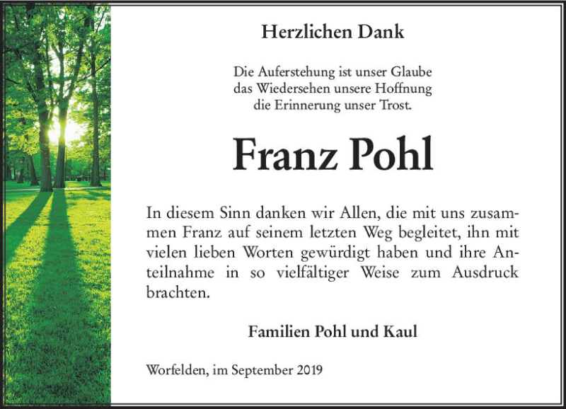  Traueranzeige für Franz Pohl vom 28.09.2019 aus vrm-trauer