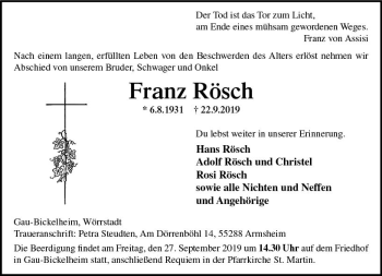 Traueranzeige von Franz Rösch von vrm-trauer