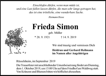 Traueranzeige von Frieda Simon von vrm-trauer