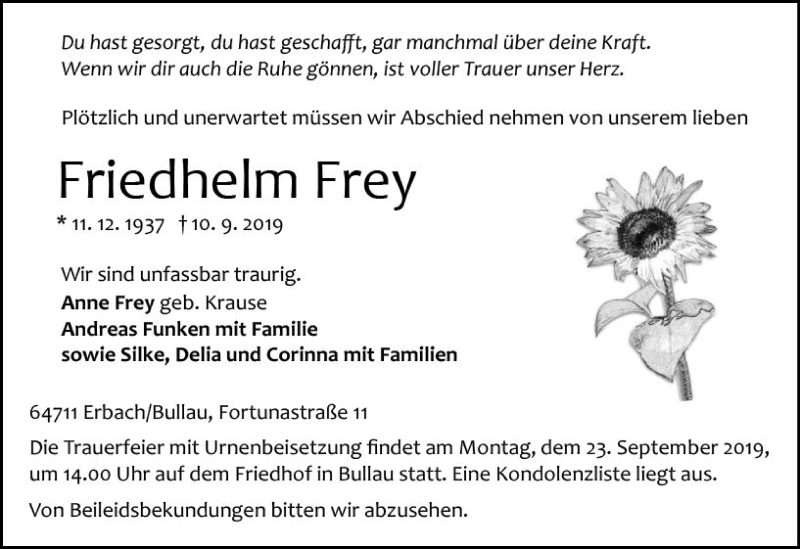 Traueranzeige für Friedhelm Frey vom 14.09.2019 aus vrm-trauer