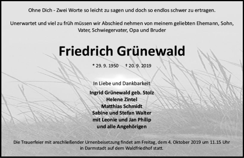  Traueranzeige für Friedrich Grünewald vom 28.09.2019 aus vrm-trauer