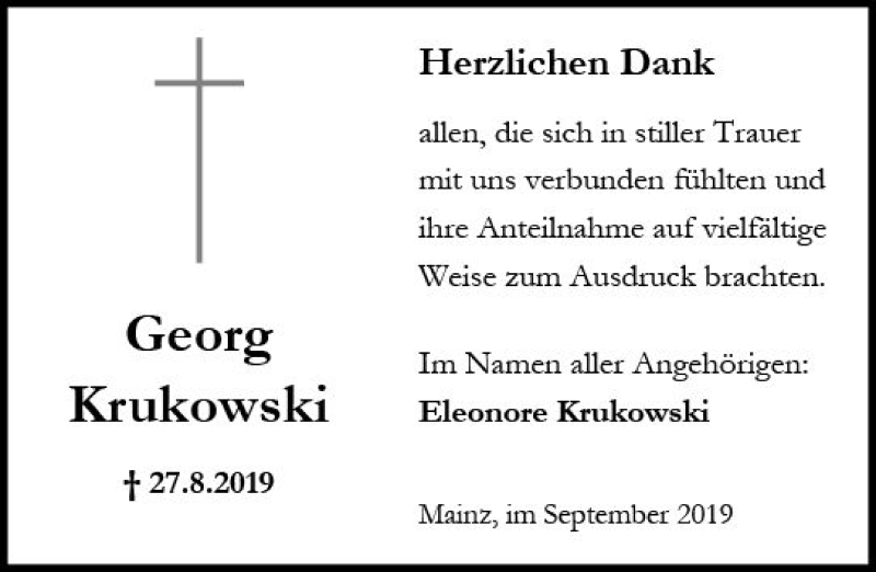  Traueranzeige für Georg Krukowski vom 28.09.2019 aus vrm-trauer