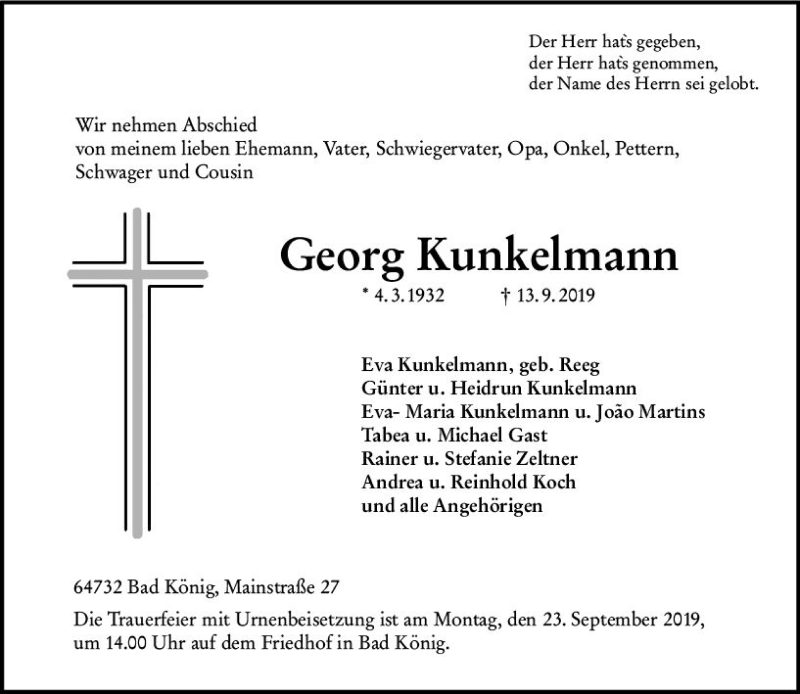  Traueranzeige für Georg Kunkelmann vom 18.09.2019 aus vrm-trauer