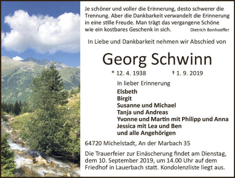  Traueranzeige für Georg Schwinn vom 05.09.2019 aus vrm-trauer