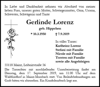Traueranzeige von Gerlinde Lorenz von vrm-trauer
