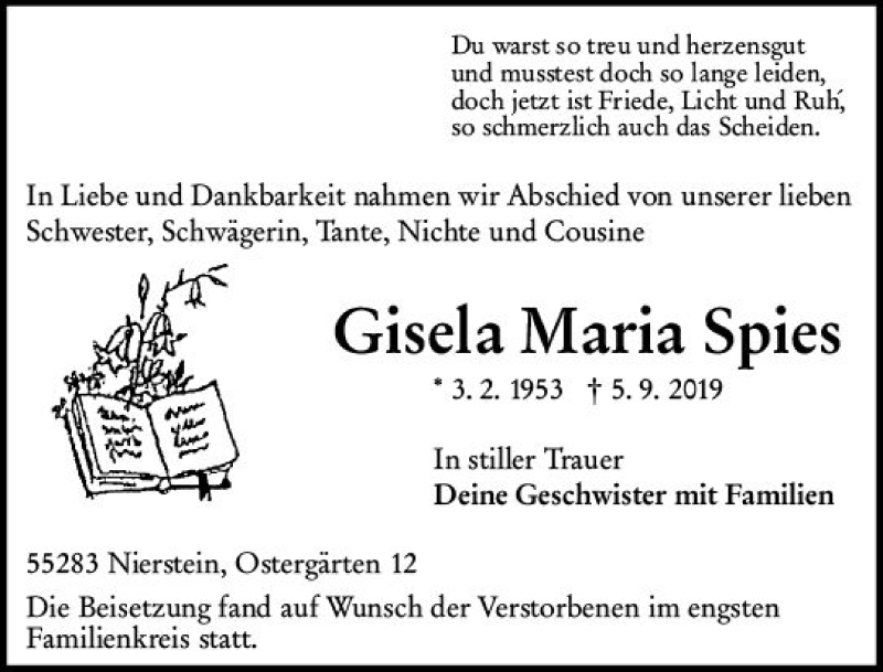 Traueranzeige für Gisela Maria Spies vom 14.09.2019 aus vrm-trauer