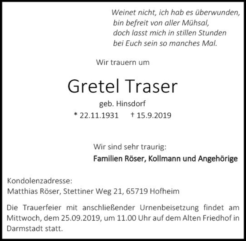  Traueranzeige für Gretel Traser vom 21.09.2019 aus vrm-trauer
