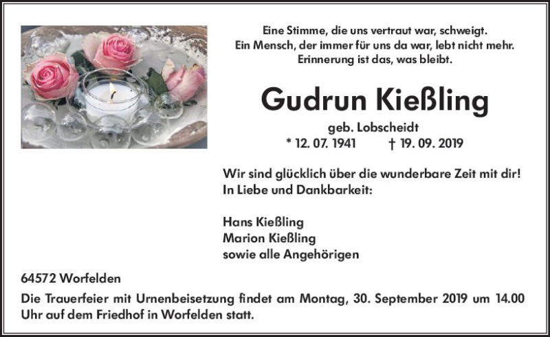  Traueranzeige für Gudrun Kießling vom 25.09.2019 aus vrm-trauer