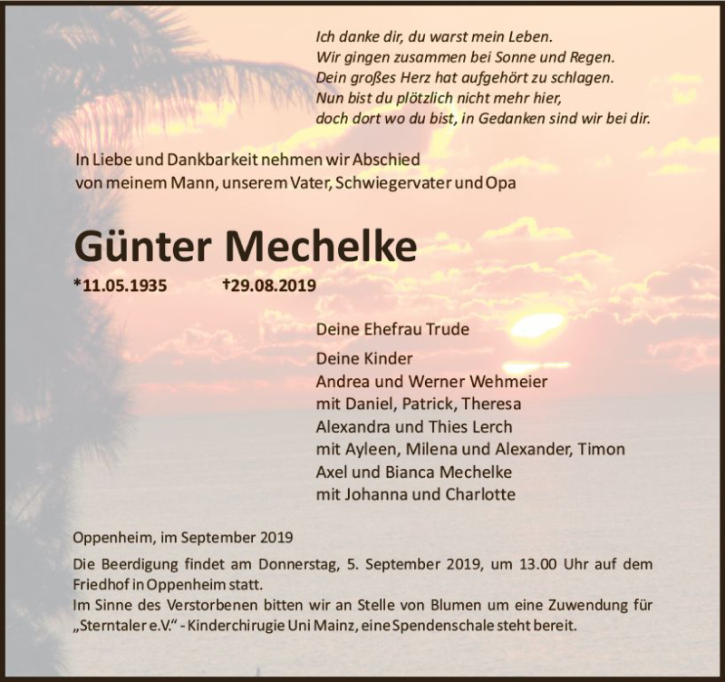  Traueranzeige für Günter Mechelke vom 03.09.2019 aus vrm-trauer