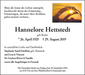 Traueranzeige von Hannelore Hettstedt von vrm-trauer