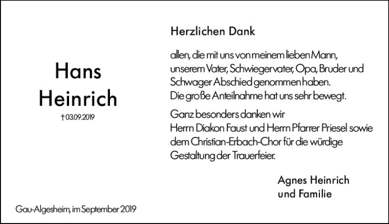  Traueranzeige für Hans Heinrich vom 28.09.2019 aus vrm-trauer
