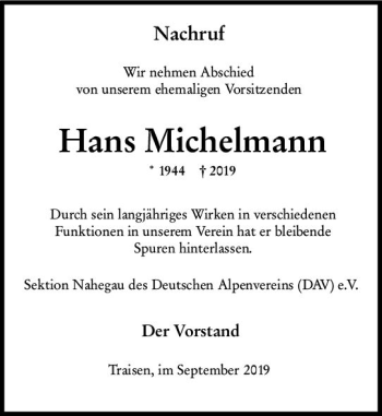Traueranzeige von Hans Michelmann von vrm-trauer