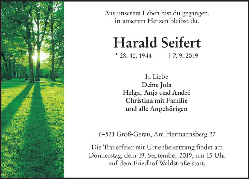  Traueranzeige für Harald Seifert vom 14.09.2019 aus vrm-trauer