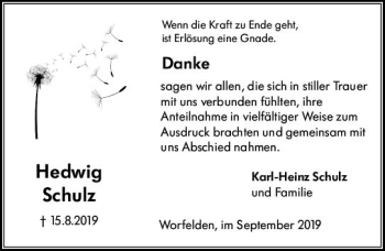 Traueranzeige von Hedwig Schulz von vrm-trauer
