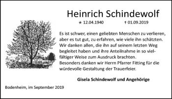 Traueranzeige von Heinrich Schindewolf von vrm-trauer