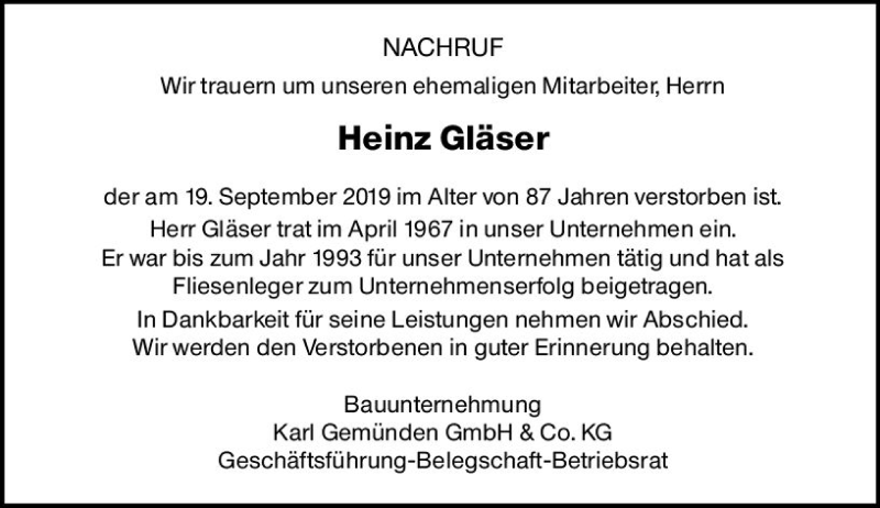  Traueranzeige für Heinz Gläser vom 25.09.2019 aus vrm-trauer