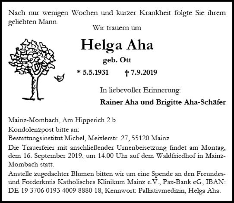  Traueranzeige für Helga Aha vom 14.09.2019 aus vrm-trauer