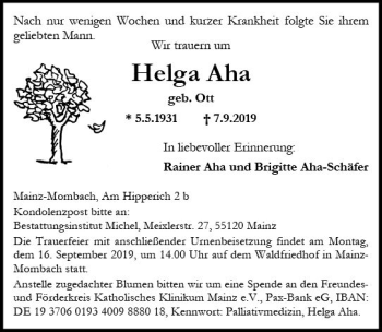 Traueranzeige von Helga Aha von vrm-trauer