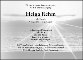 Traueranzeige von Helga Rehm von vrm-trauer