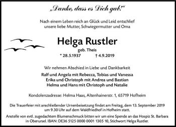 Traueranzeige von Helga Rustler von vrm-trauer