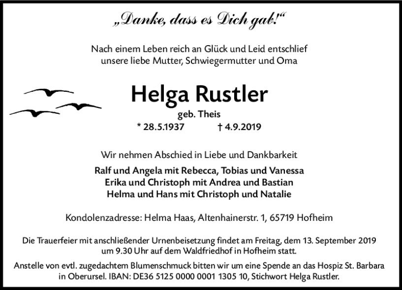  Traueranzeige für Helga Rustler vom 06.09.2019 aus vrm-trauer