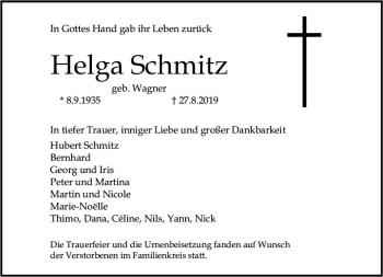 Traueranzeige von Helga Schmitz von vrm-trauer