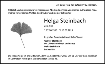 Traueranzeige von Helga Steinbach von vrm-trauer